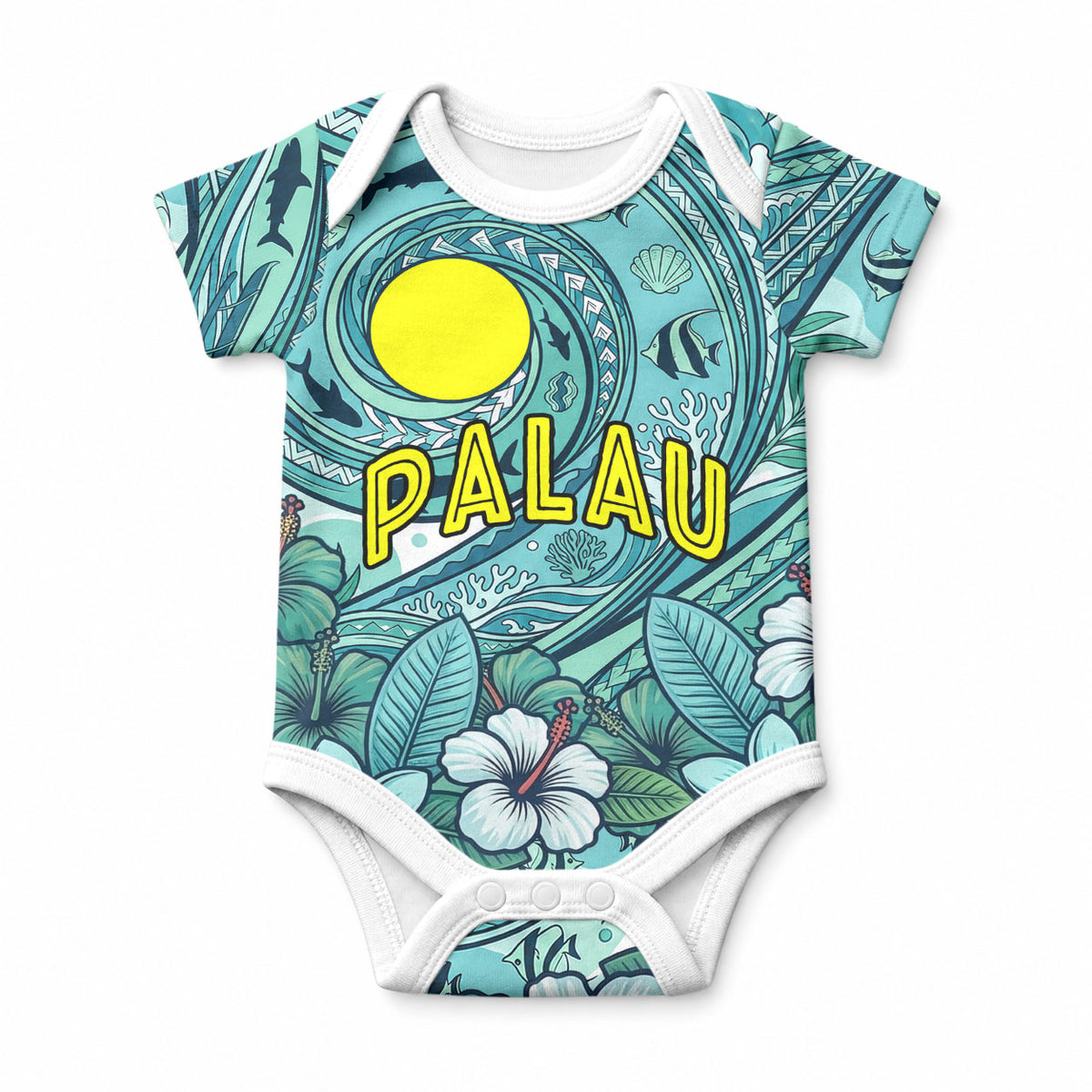 Palau Official Seal Flag Baby Onesie Tribal Pattern Ocean Marine Life Tropical Hibiscus TS04 Blue Green - Polynesian Pride