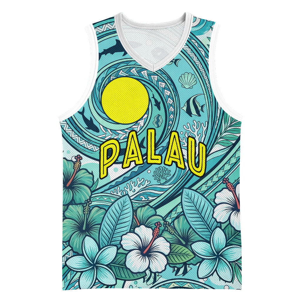 Palau Official Seal Flag Basketball Jersey Tribal Pattern Ocean Marine Life Tropical Hibiscus TS04 Unisex Blue Green - Polynesian Pride