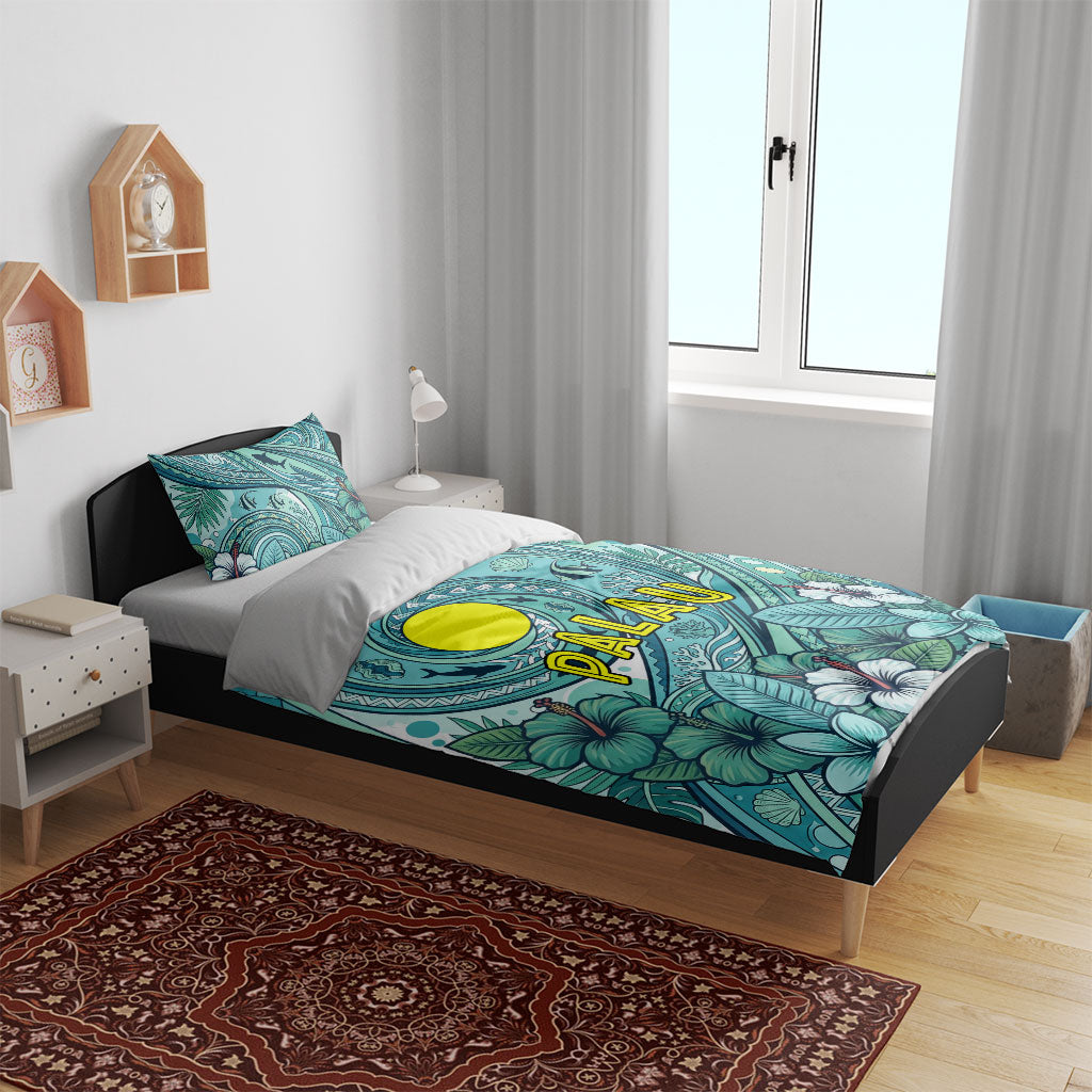 Palau Official Seal Flag Bedding Set Tribal Pattern Ocean Marine Life Tropical Hibiscus TS04 - Polynesian Pride