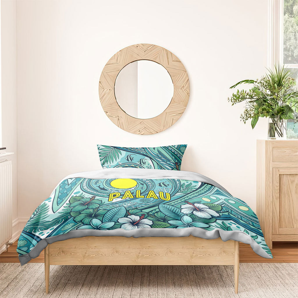 Palau Official Seal Flag Bedding Set Tribal Pattern Ocean Marine Life Tropical Hibiscus TS04 - Polynesian Pride