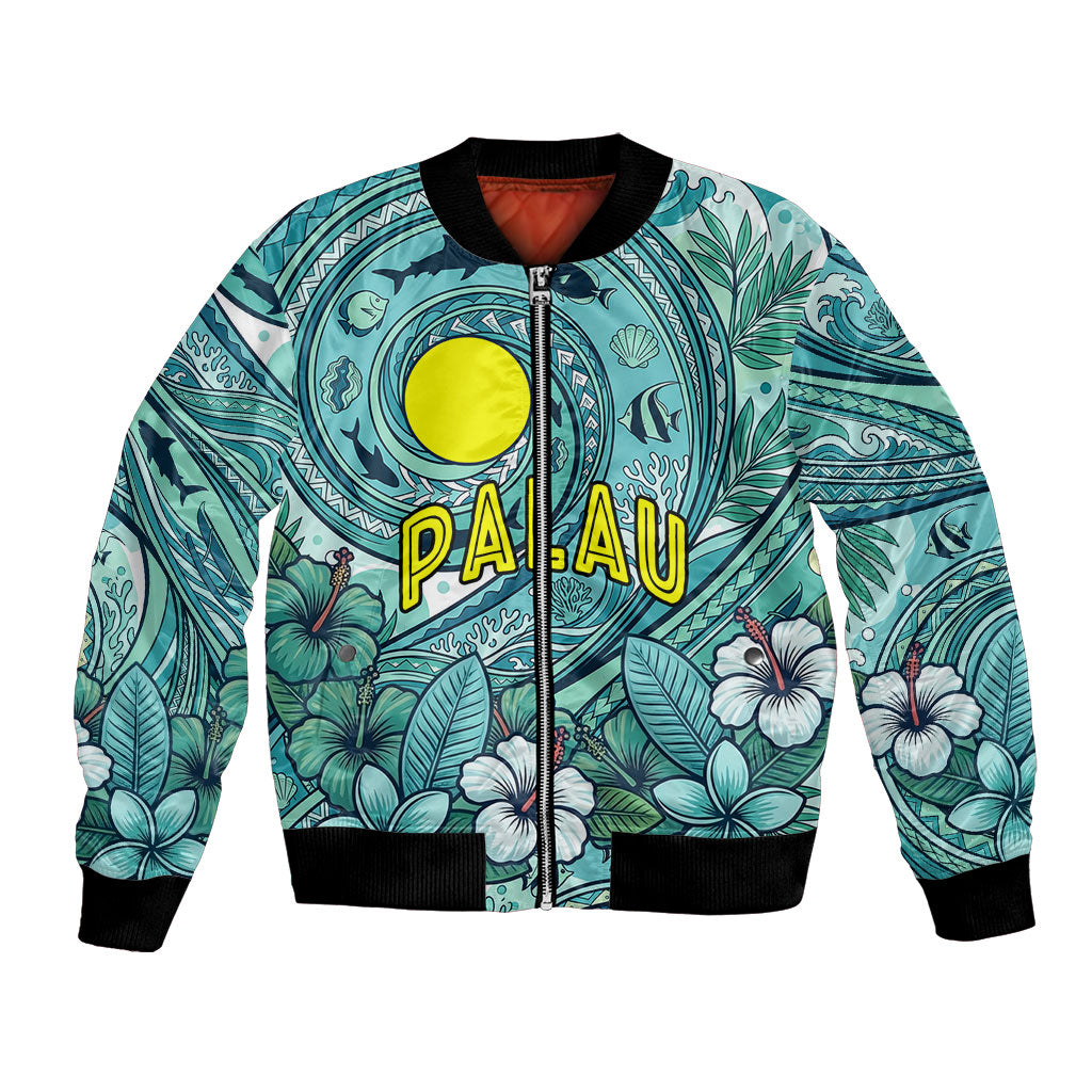 Palau Official Seal Flag Bomber Jacket Tribal Pattern Ocean Marine Life Tropical Hibiscus TS04 Unisex Blue Green - Polynesian Pride