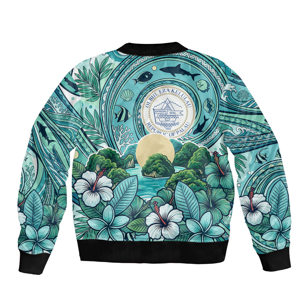 Palau Official Seal Flag Bomber Jacket Tribal Pattern Ocean Marine Life Tropical Hibiscus TS04 - Polynesian Pride