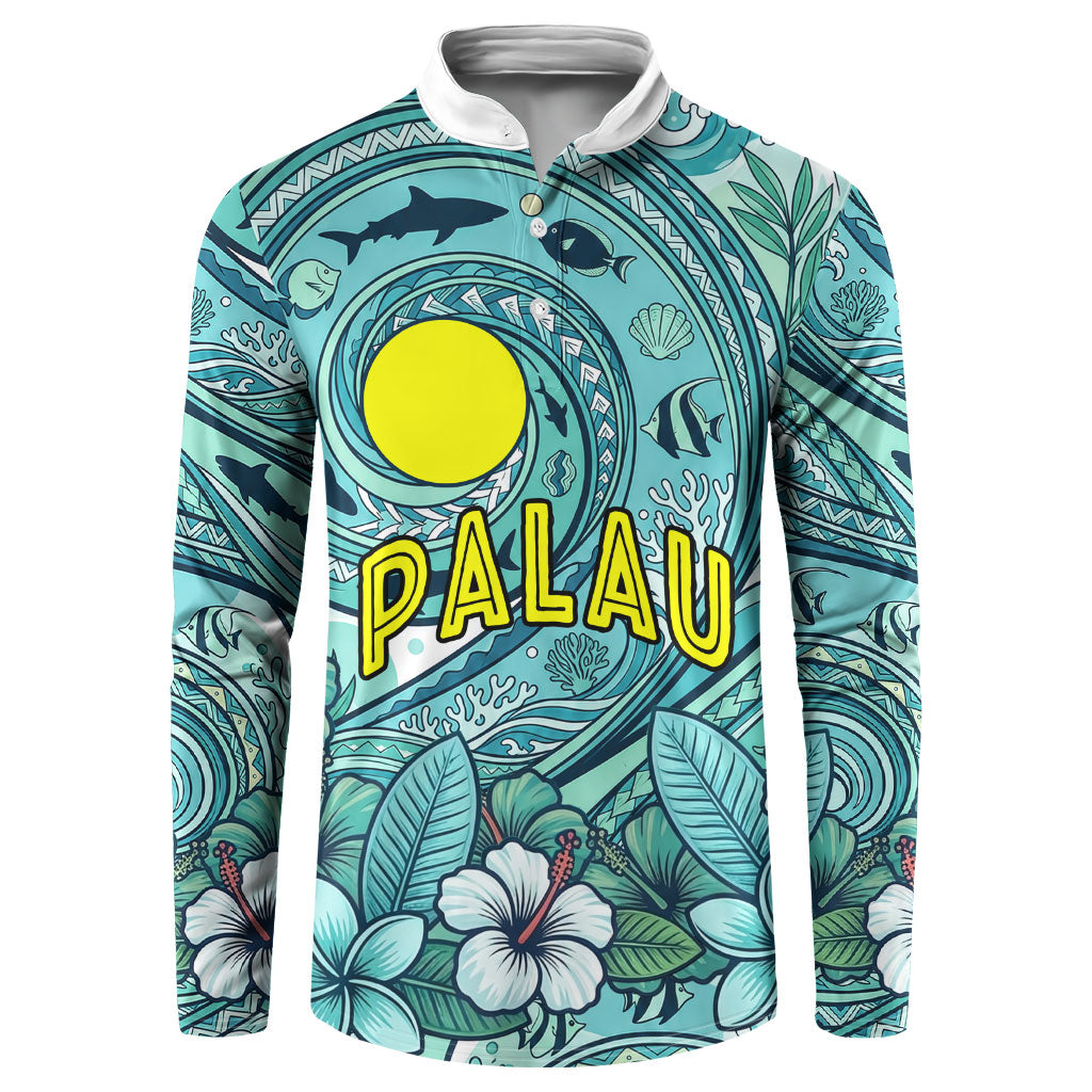 Palau Official Seal Flag Button Sweatshirt Tribal Pattern Ocean Marine Life Tropical Hibiscus TS04 Blue Green - Polynesian Pride