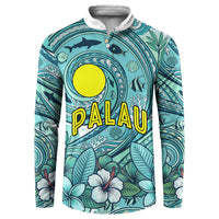 Palau Official Seal Flag Button Sweatshirt Tribal Pattern Ocean Marine Life Tropical Hibiscus TS04 Blue Green - Polynesian Pride