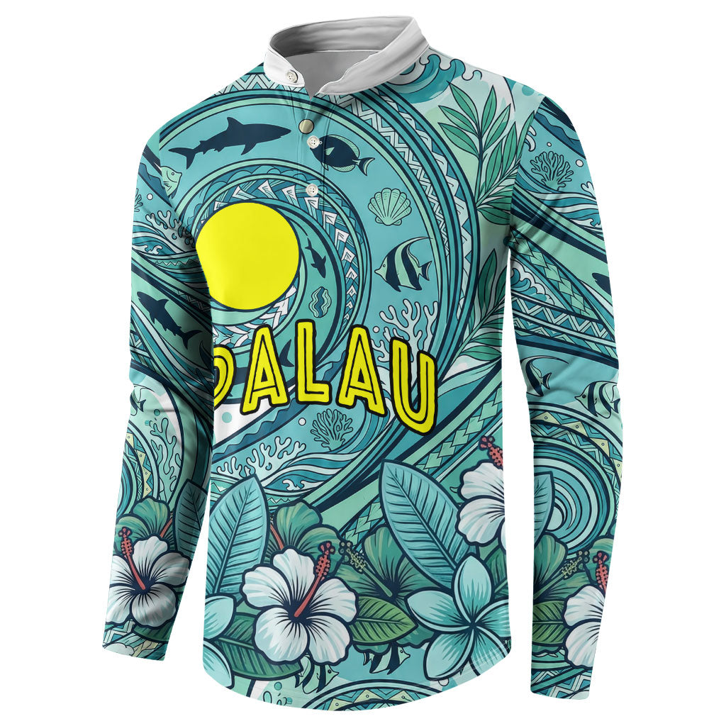 Palau Official Seal Flag Button Sweatshirt Tribal Pattern Ocean Marine Life Tropical Hibiscus TS04 - Polynesian Pride