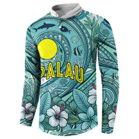 Palau Official Seal Flag Button Sweatshirt Tribal Pattern Ocean Marine Life Tropical Hibiscus TS04 - Polynesian Pride