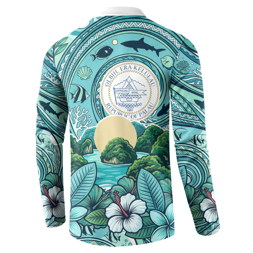 Palau Official Seal Flag Button Sweatshirt Tribal Pattern Ocean Marine Life Tropical Hibiscus TS04 - Polynesian Pride