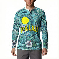 Palau Official Seal Flag Button Sweatshirt Tribal Pattern Ocean Marine Life Tropical Hibiscus TS04 - Polynesian Pride