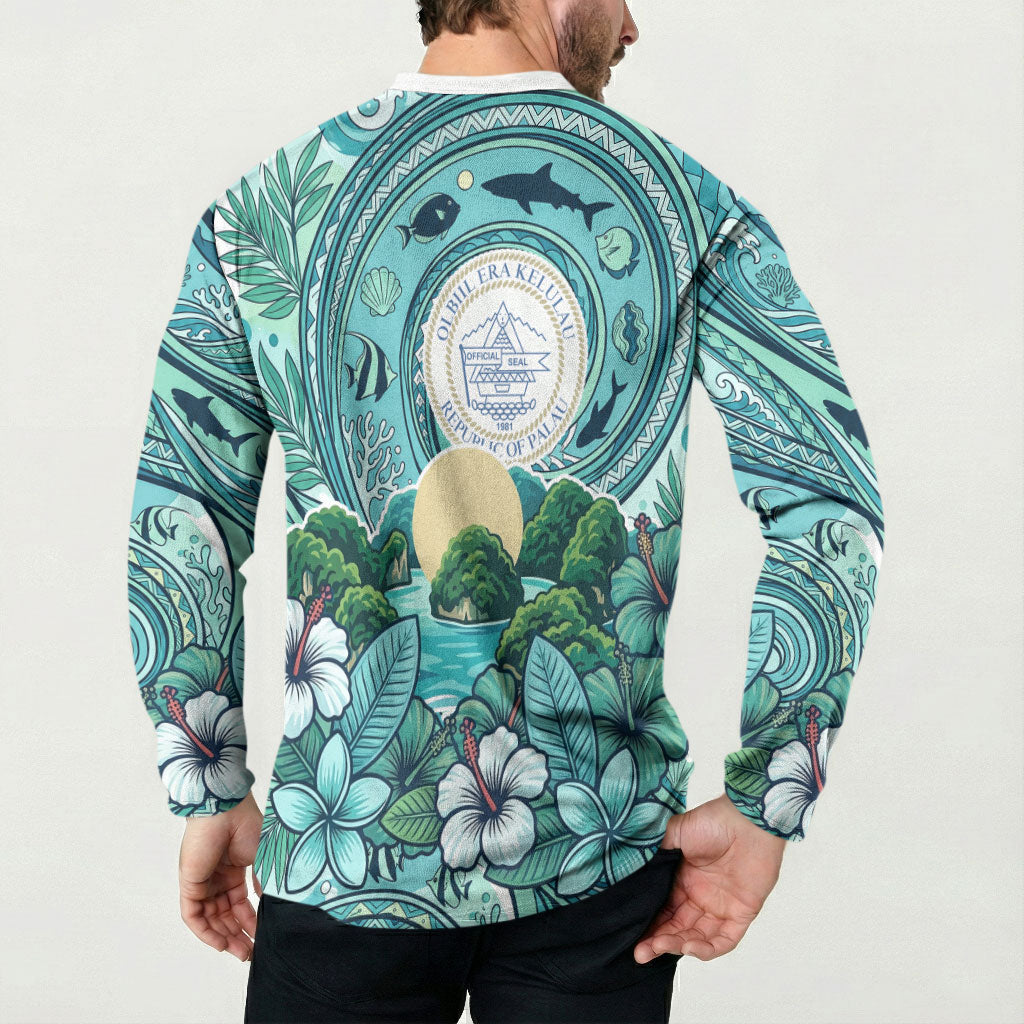 Palau Official Seal Flag Button Sweatshirt Tribal Pattern Ocean Marine Life Tropical Hibiscus TS04 - Polynesian Pride
