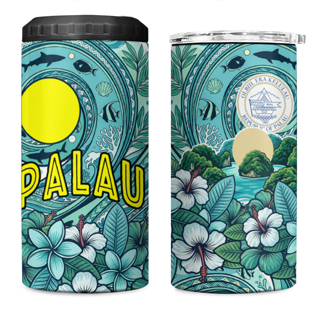 Palau Official Seal Flag 4 in 1 Can Cooler Tumbler Tribal Pattern Ocean Marine Life Tropical Hibiscus TS04 One Size: 16 oz Blue Green - Polynesian Pride