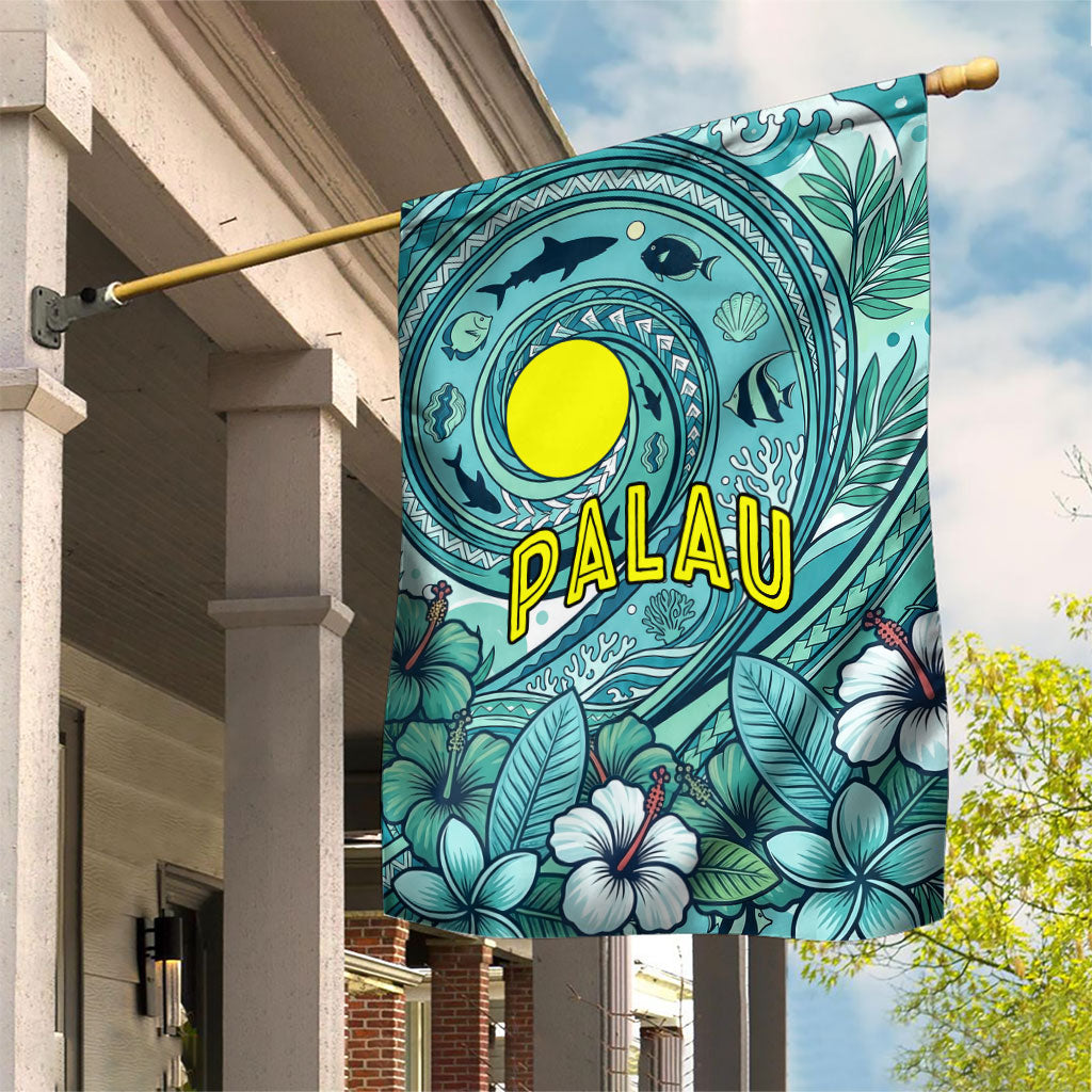 Palau Official Seal Flag Garden Flag Tribal Pattern Ocean Marine Life Tropical Hibiscus TS04 House Flag Blue Green - Polynesian Pride