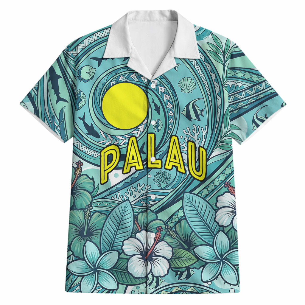 Palau Official Seal Flag Hawaiian Shirt Tribal Pattern Ocean Marine Life Tropical Hibiscus TS04 Blue Green - Polynesian Pride