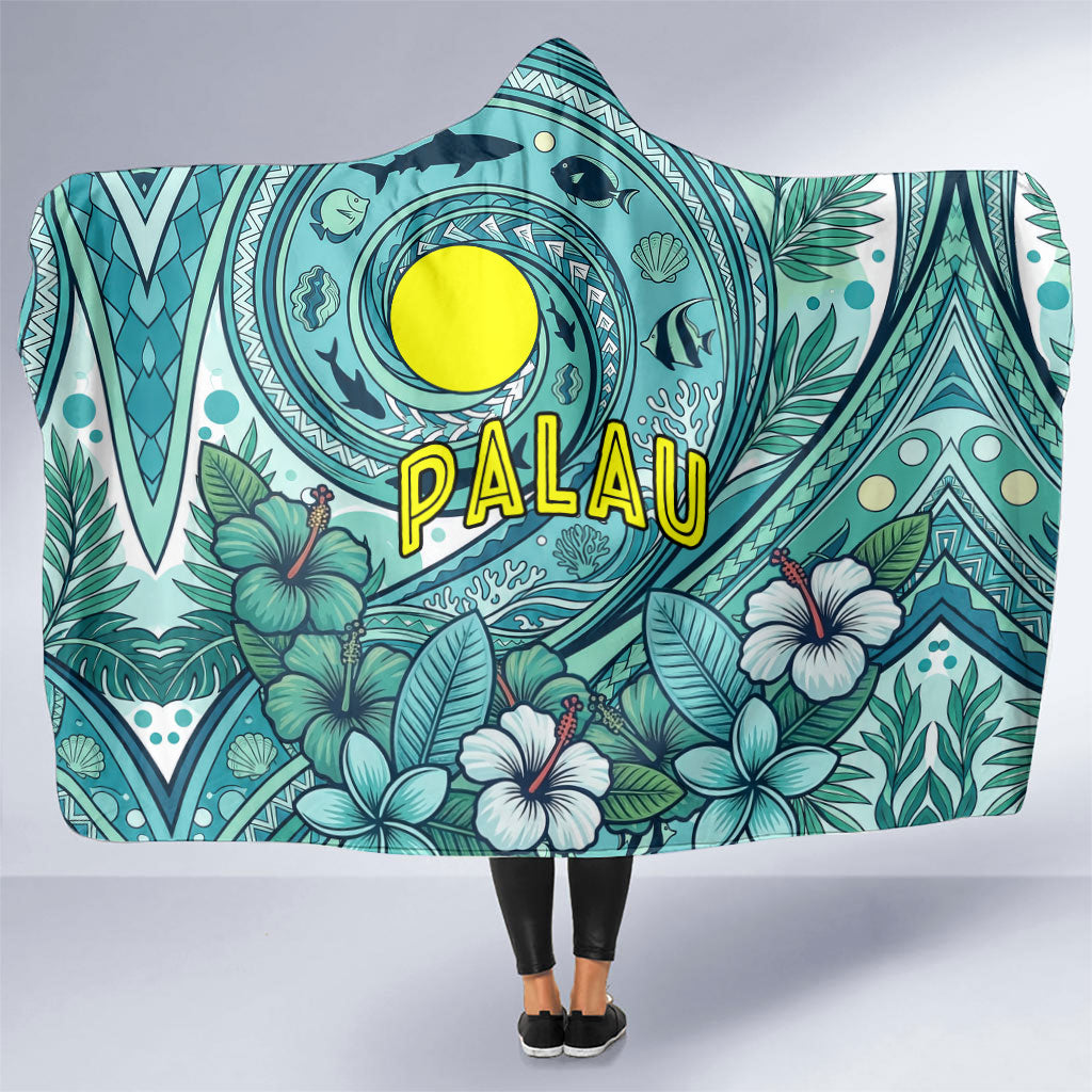 Palau Official Seal Flag Hooded Blanket Tribal Pattern Ocean Marine Life Tropical Hibiscus TS04 One Size Blue Green - Polynesian Pride