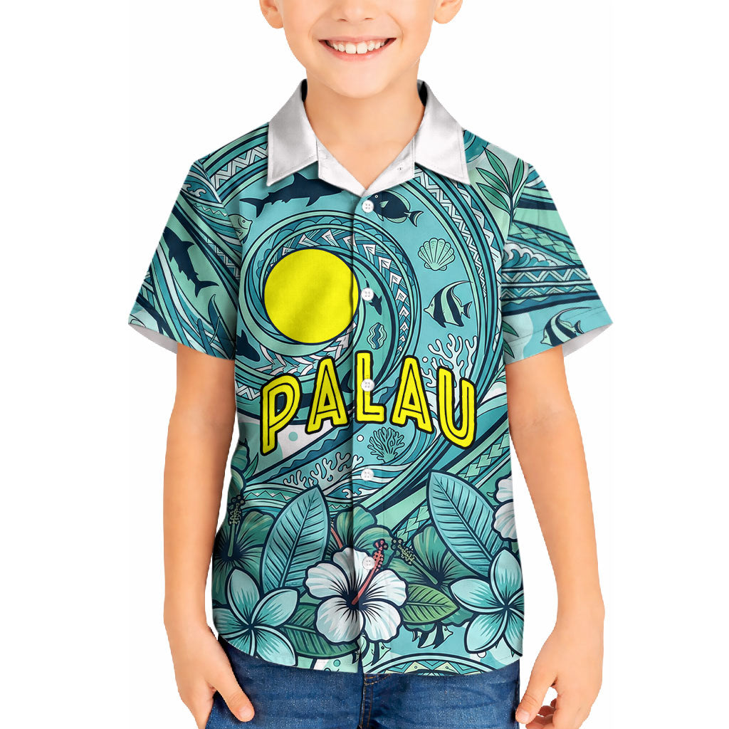 Palau Official Seal Flag Kid Hawaiian Shirt Tribal Pattern Ocean Marine Life Tropical Hibiscus TS04 Kid Blue Green - Polynesian Pride