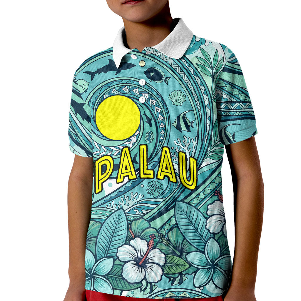 Palau Official Seal Flag Kid Polo Shirt Tribal Pattern Ocean Marine Life Tropical Hibiscus TS04 Kid Blue Green - Polynesian Pride