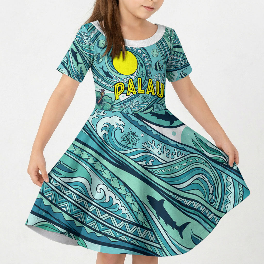 Palau Official Seal Flag Kid Short Sleeve Dress Tribal Pattern Ocean Marine Life Tropical Hibiscus TS04 KID Blue Green - Polynesian Pride