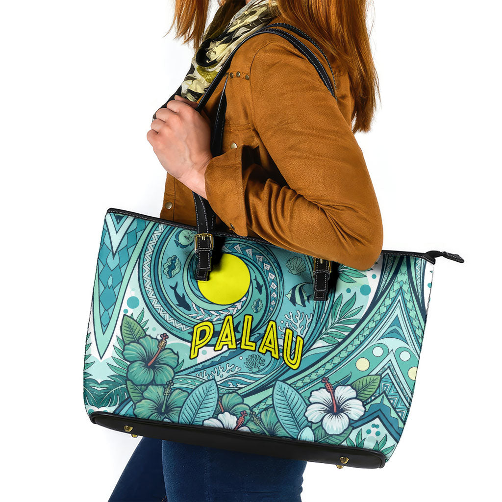 Palau Official Seal Flag Leather Tote Bag Tribal Pattern Ocean Marine Life Tropical Hibiscus TS04 Blue Green - Polynesian Pride
