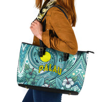 Palau Official Seal Flag Leather Tote Bag Tribal Pattern Ocean Marine Life Tropical Hibiscus TS04 Blue Green - Polynesian Pride