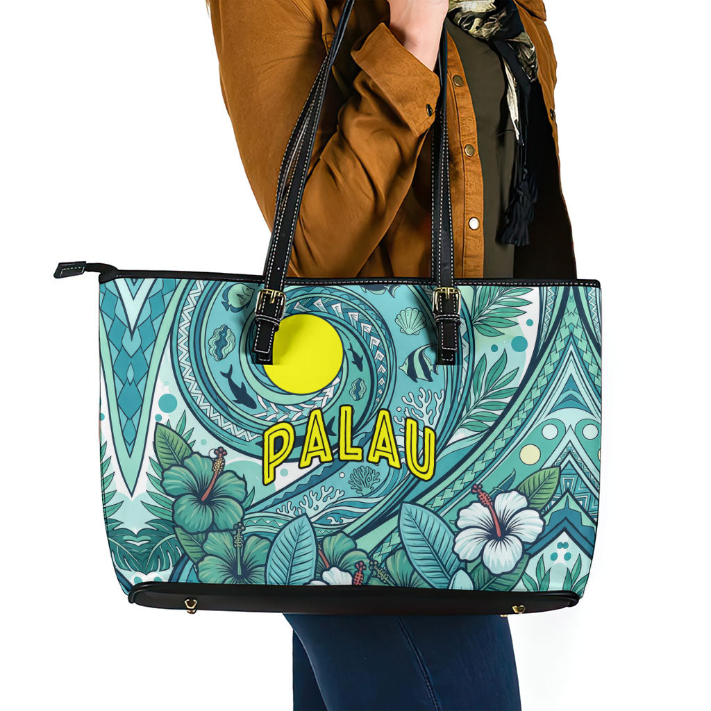 Palau Official Seal Flag Leather Tote Bag Tribal Pattern Ocean Marine Life Tropical Hibiscus TS04 - Polynesian Pride