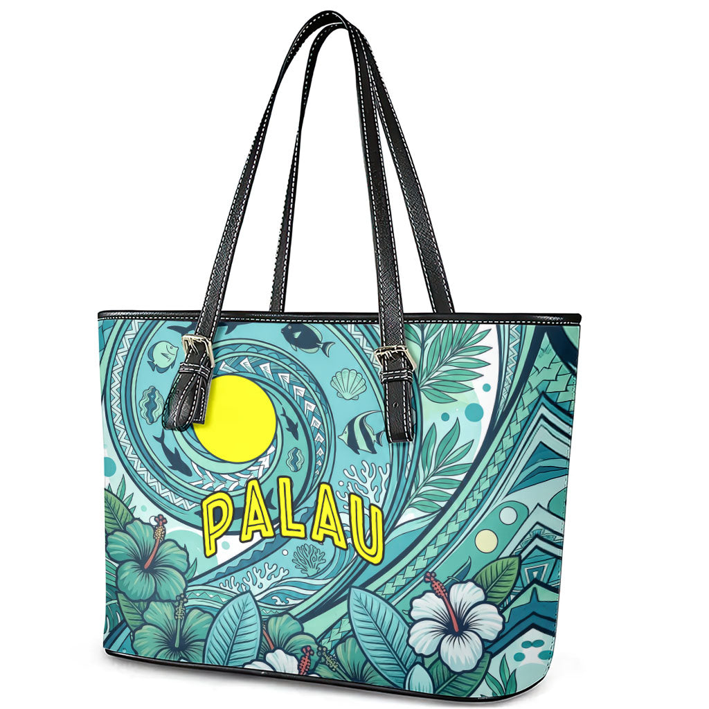 Palau Official Seal Flag Leather Tote Bag Tribal Pattern Ocean Marine Life Tropical Hibiscus TS04 - Polynesian Pride