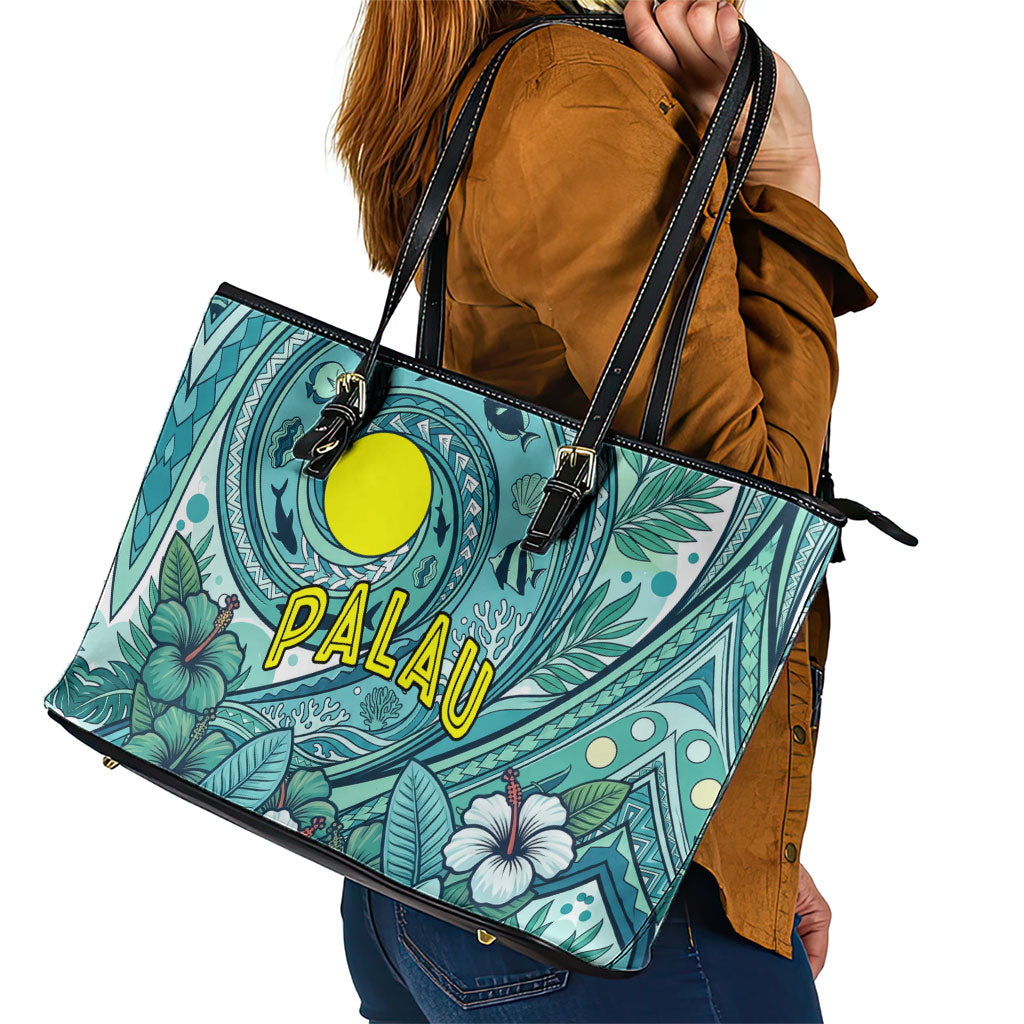 Palau Official Seal Flag Leather Tote Bag Tribal Pattern Ocean Marine Life Tropical Hibiscus TS04 - Polynesian Pride