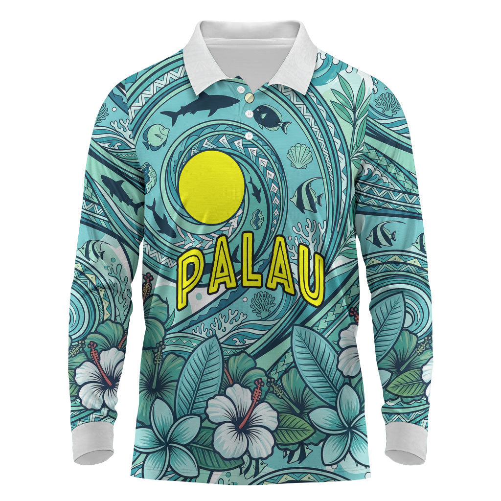 Palau Official Seal Flag Long Sleeve Polo Shirt Tribal Pattern Ocean Marine Life Tropical Hibiscus TS04 Blue Green - Polynesian Pride
