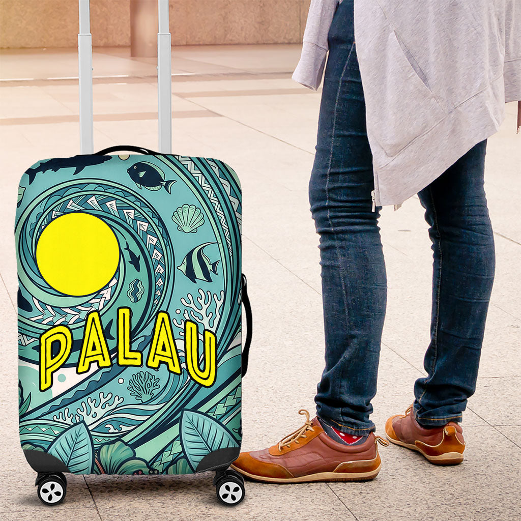Palau Official Seal Flag Luggage Cover Tribal Pattern Ocean Marine Life Tropical Hibiscus TS04 Blue Green - Polynesian Pride