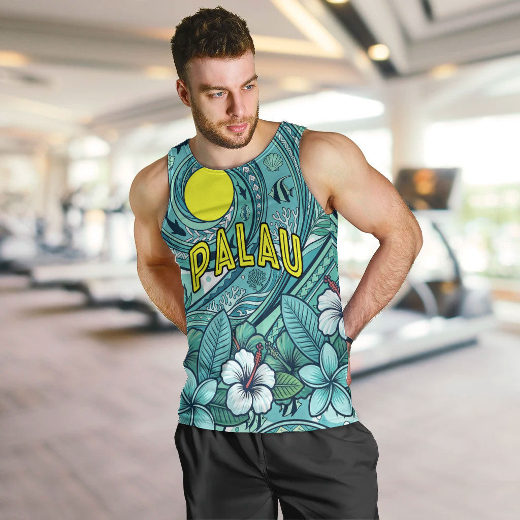 Palau Official Seal Flag Men Tank Top Tribal Pattern Ocean Marine Life Tropical Hibiscus TS04 Blue Green - Polynesian Pride