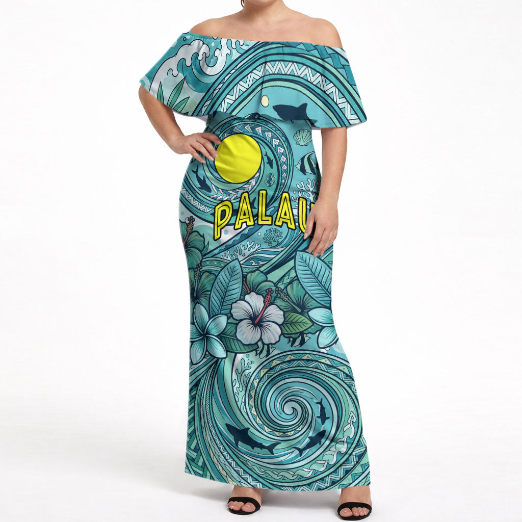 Palau Official Seal Flag Off Shoulder Maxi Dress Tribal Pattern Ocean Marine Life Tropical Hibiscus TS04 Women Blue Green - Polynesian Pride