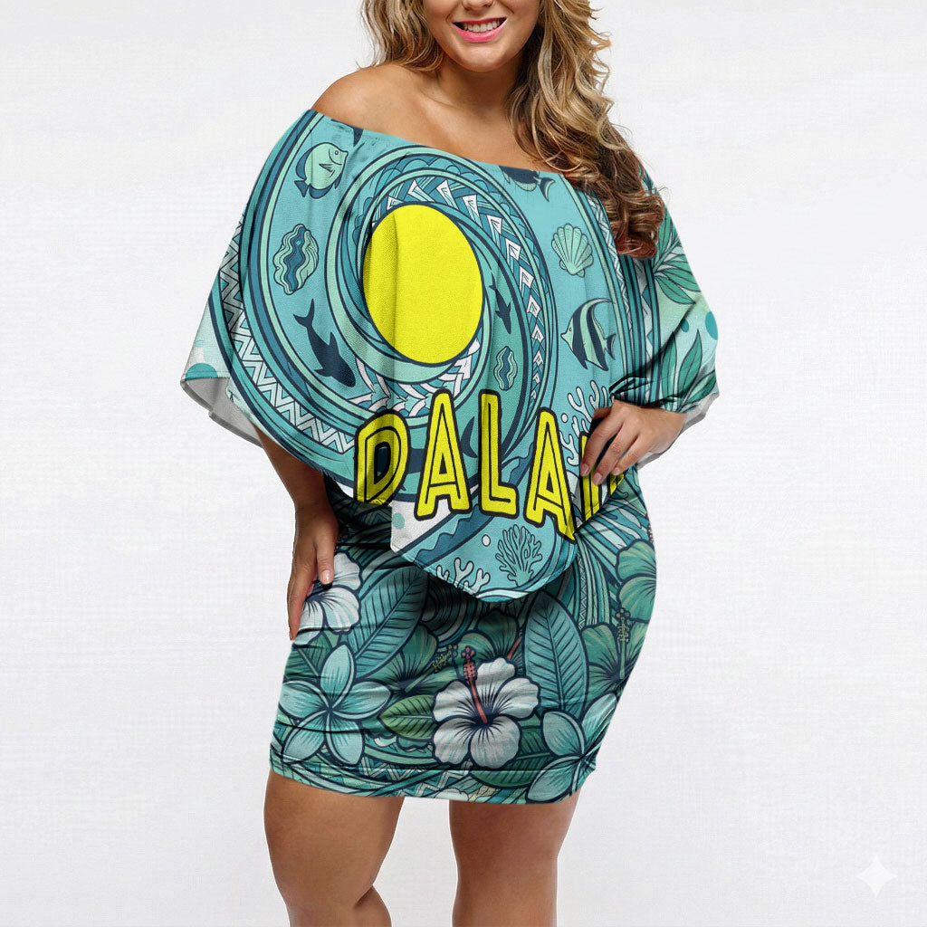 Palau Official Seal Flag Off Shoulder Short Dress Tribal Pattern Ocean Marine Life Tropical Hibiscus TS04 Women Blue Green - Polynesian Pride