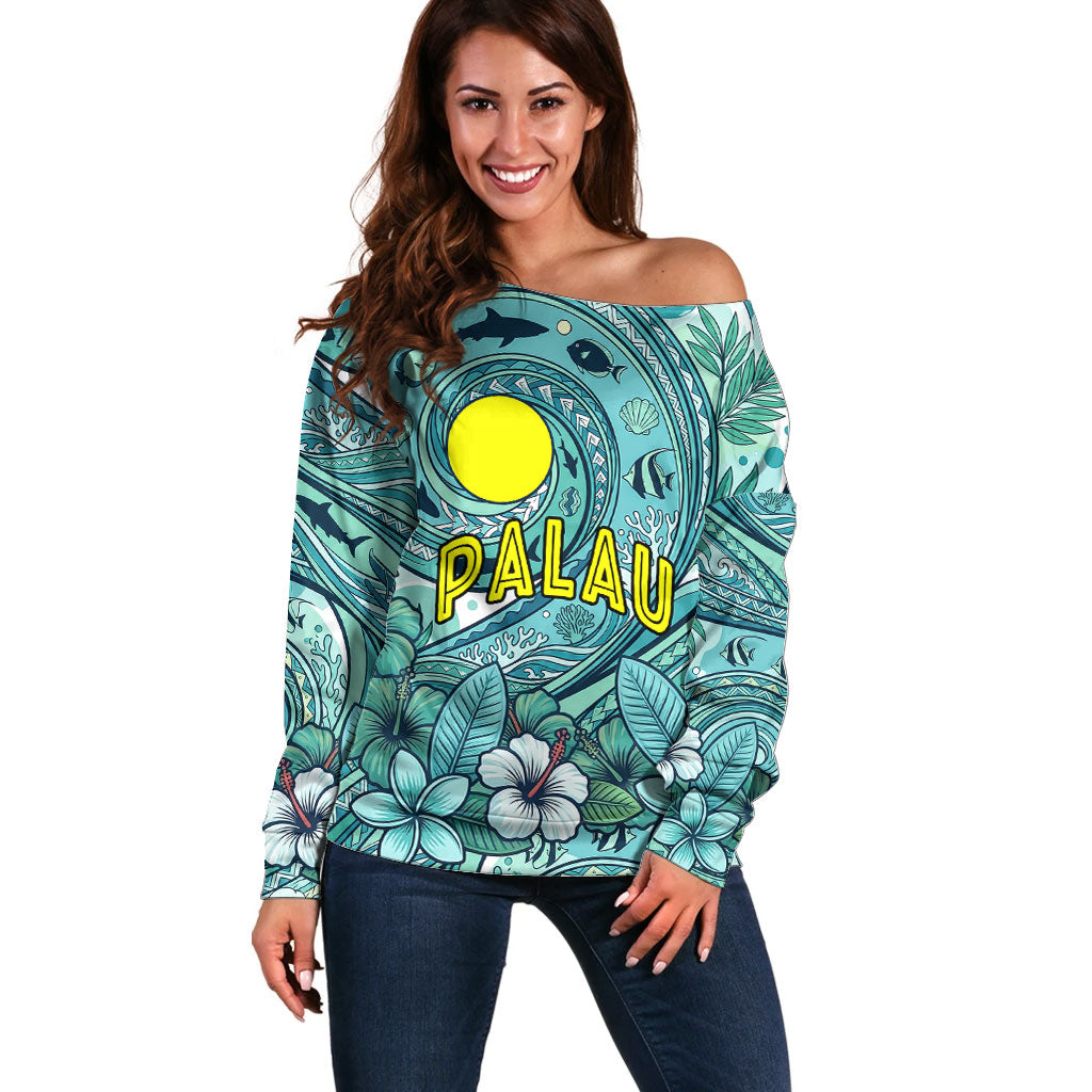 Palau Official Seal Flag Off Shoulder Sweater Tribal Pattern Ocean Marine Life Tropical Hibiscus TS04 Women Blue Green - Polynesian Pride