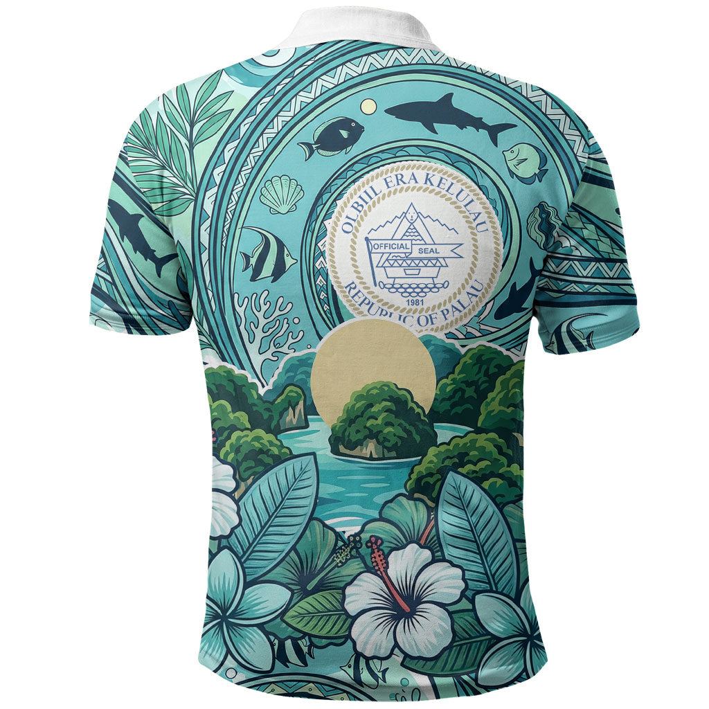 Palau Official Seal Flag Polo Shirt Tribal Pattern Ocean Marine Life Tropical Hibiscus TS04 - Polynesian Pride