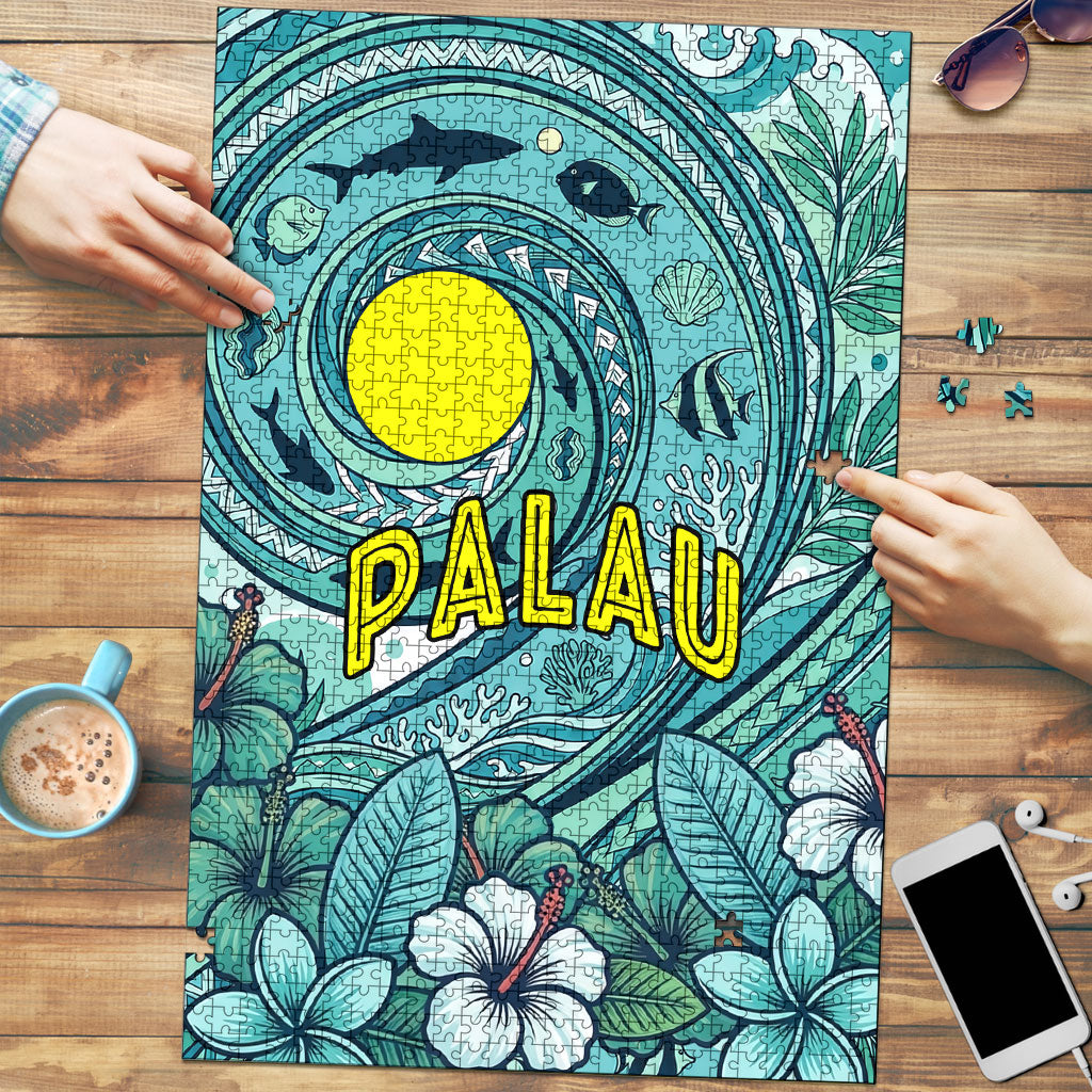 Palau Official Seal Flag Puzzle Tribal Pattern Ocean Marine Life Tropical Hibiscus TS04 Blue Green - Polynesian Pride