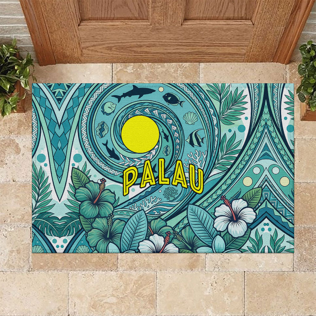 Palau Official Seal Flag Rubber Doormat Tribal Pattern Ocean Marine Life Tropical Hibiscus TS04 Blue Green - Polynesian Pride
