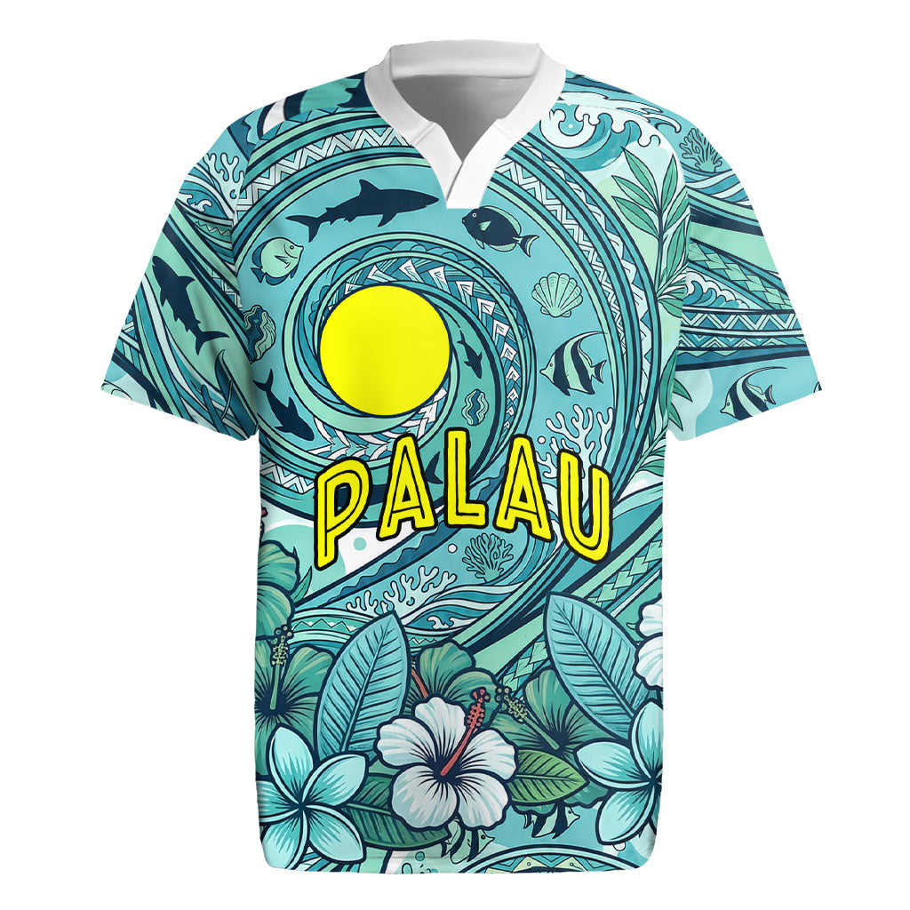 Palau Official Seal Flag Rugby Jersey Tribal Pattern Ocean Marine Life Tropical Hibiscus TS04 Blue Green - Polynesian Pride