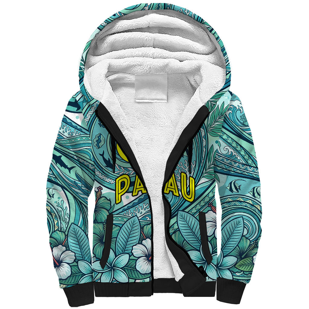 Palau Official Seal Flag Sherpa Hoodie Tribal Pattern Ocean Marine Life Tropical Hibiscus TS04 Unisex Blue Green - Polynesian Pride