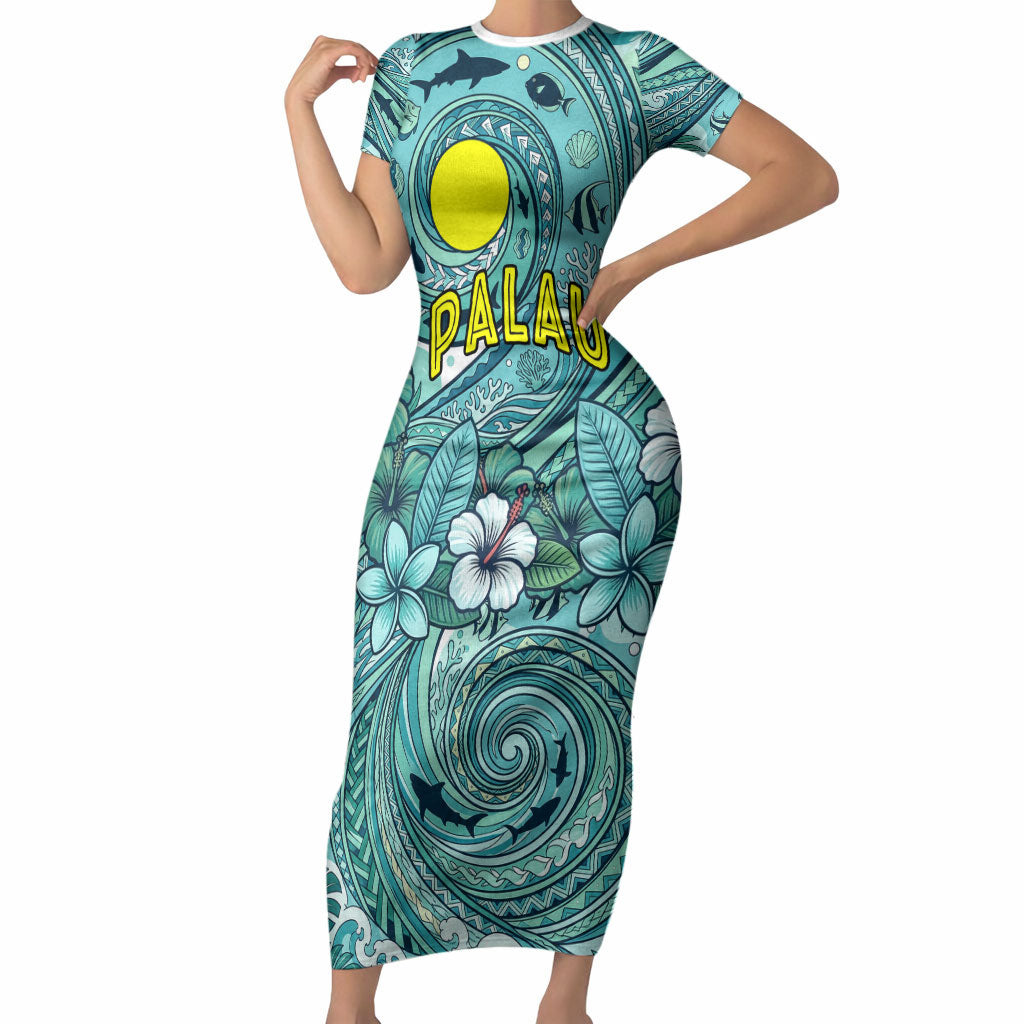 Palau Official Seal Flag Short Sleeve Bodycon Dress Tribal Pattern Ocean Marine Life Tropical Hibiscus TS04 Long Dress Blue Green - Polynesian Pride