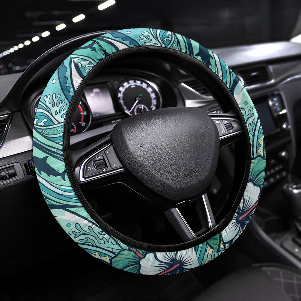 Palau Official Seal Flag Steering Wheel Cover Tribal Pattern Ocean Marine Life Tropical Hibiscus TS04 Universal Fit Blue Green - Polynesian Pride
