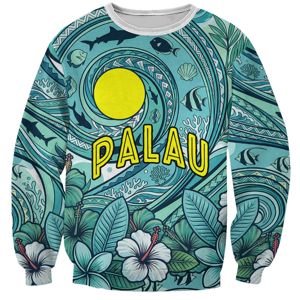 Palau Official Seal Flag Sweatshirt Tribal Pattern Ocean Marine Life Tropical Hibiscus TS04 Unisex Blue Green - Polynesian Pride