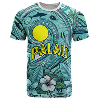 Palau Official Seal Flag T Shirt Tribal Pattern Ocean Marine Life Tropical Hibiscus TS04 Blue Green - Polynesian Pride