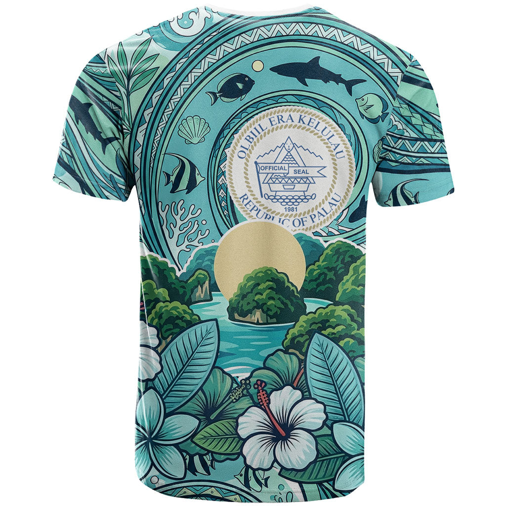 Palau Official Seal Flag T Shirt Tribal Pattern Ocean Marine Life Tropical Hibiscus TS04 - Polynesian Pride