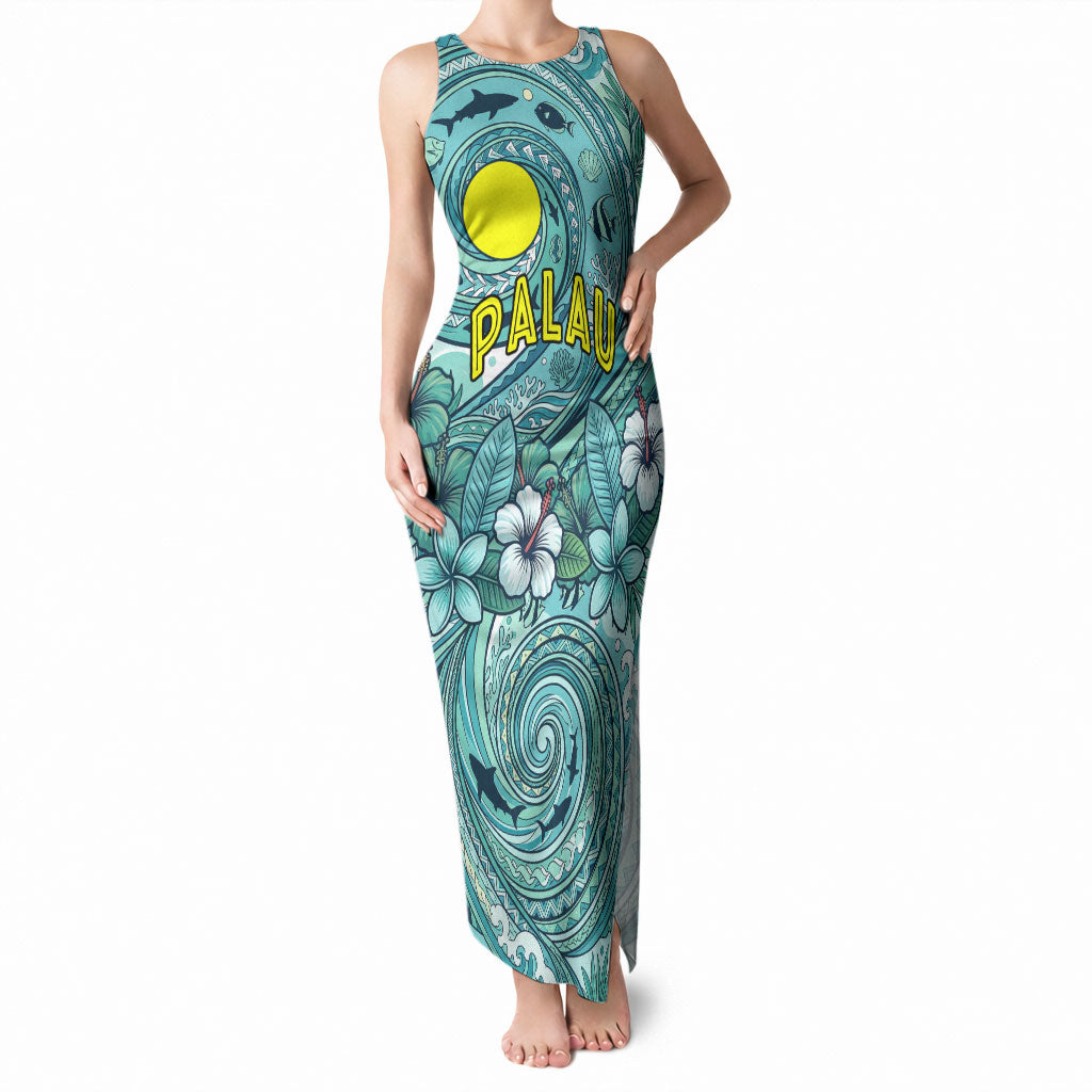 Palau Official Seal Flag Tank Maxi Dress Tribal Pattern Ocean Marine Life Tropical Hibiscus TS04 Women Blue Green - Polynesian Pride