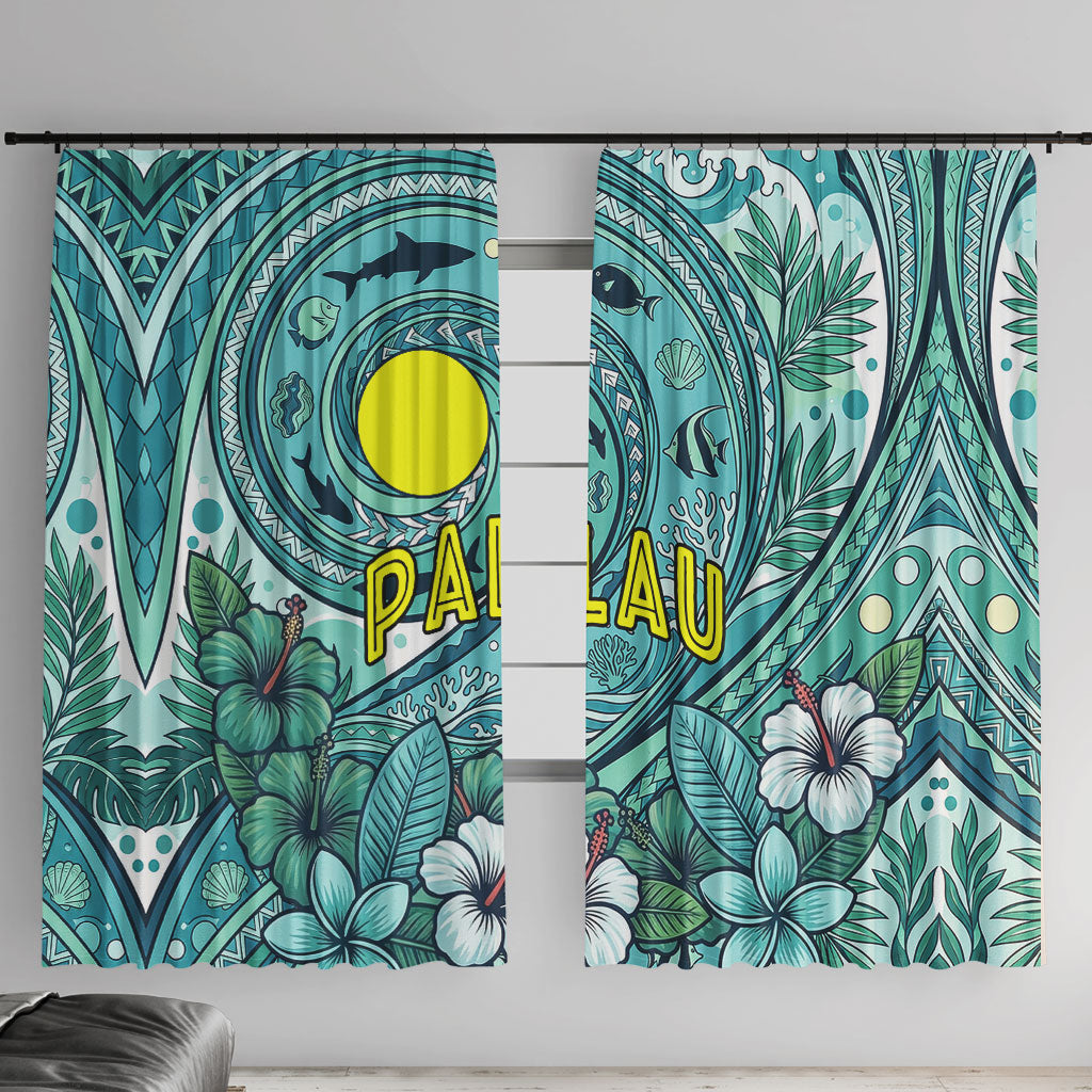 Palau Official Seal Flag Window Curtain Tribal Pattern Ocean Marine Life Tropical Hibiscus TS04 With Hooks Blue Green - Polynesian Pride