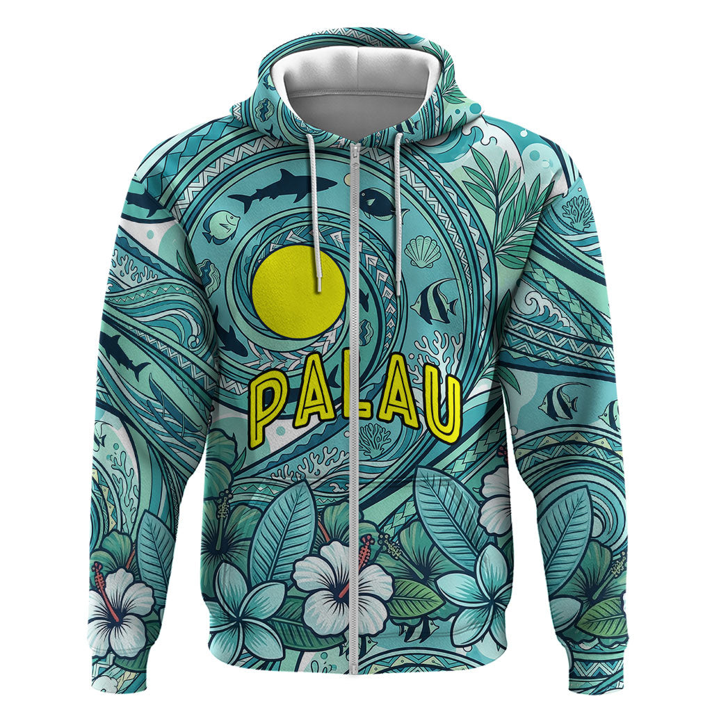 Palau Official Seal Flag Zip Hoodie Tribal Pattern Ocean Marine Life Tropical Hibiscus TS04 Zip Hoodie Blue Green - Polynesian Pride