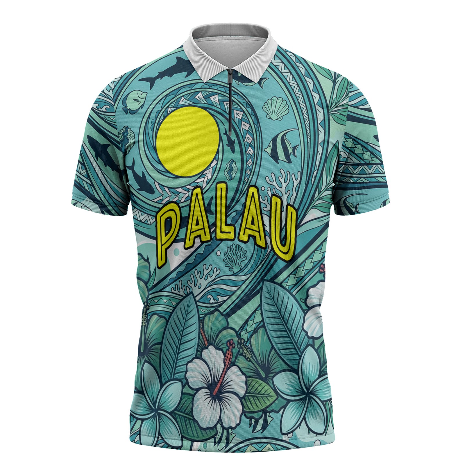 Palau Official Seal Flag Zipper Polo Shirt Tribal Pattern Ocean Marine Life Tropical Hibiscus TS04 Blue Green - Polynesian Pride