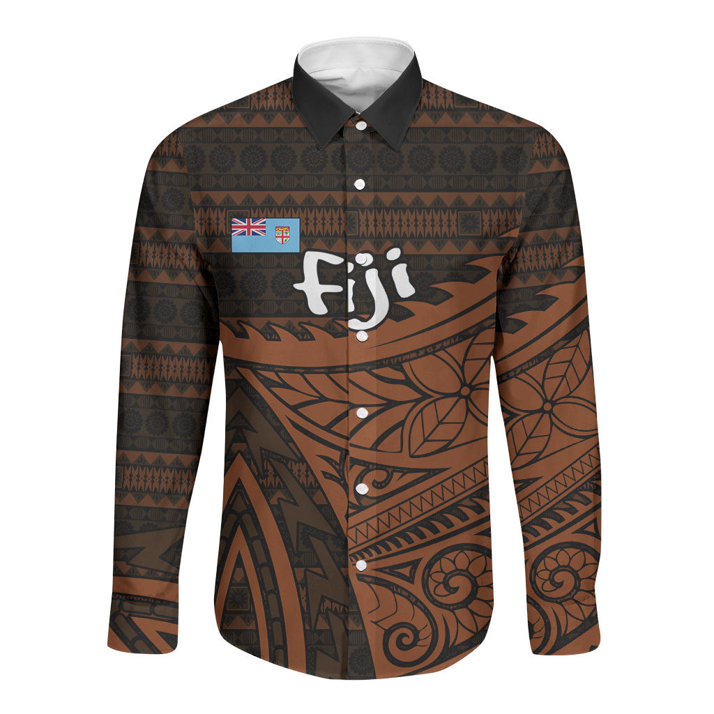 Straight Outta Kadavu Fiji Long Sleeve Button Shirt Tribal Polynesian Tattoo Coat Of Arms Flag TS04 Unisex Brown Black - Polynesian Pride