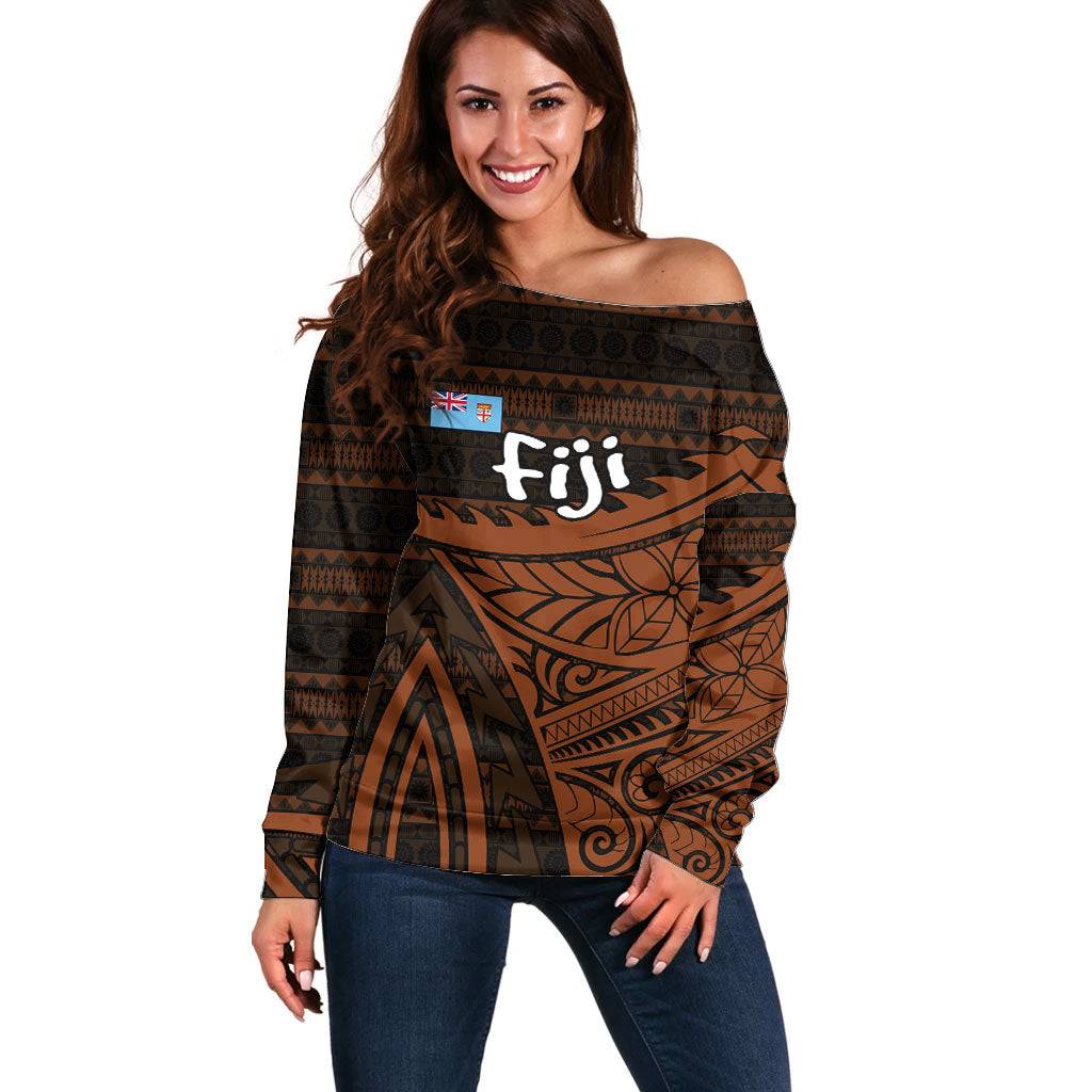 Straight Outta Kadavu Fiji Off Shoulder Sweater Tribal Polynesian Tattoo Coat Of Arms Flag TS04 Women Brown Black - Polynesian Pride