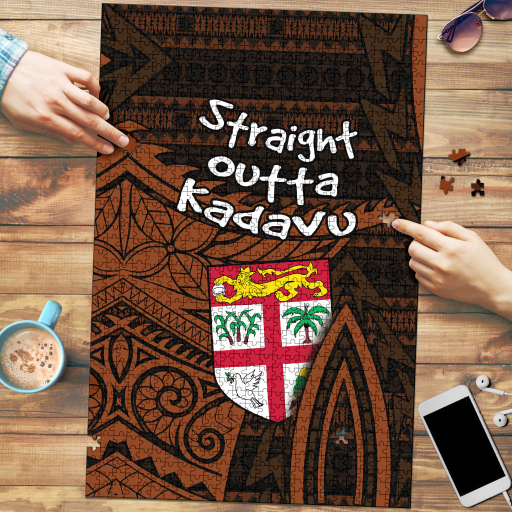 Straight Outta Kadavu Fiji Puzzle Tribal Polynesian Tattoo Coat Of Arms Flag TS04 Brown Black - Polynesian Pride
