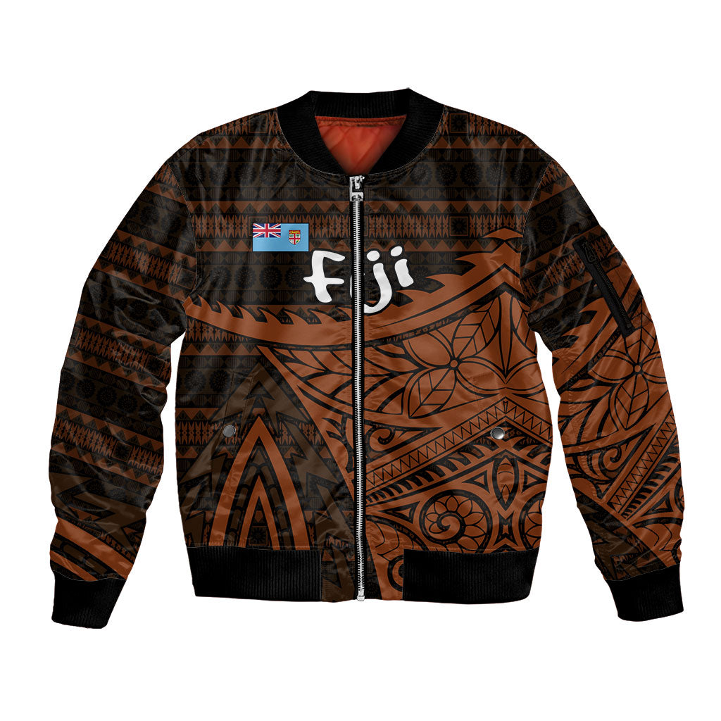 Straight Outta Kadavu Fiji Sleeve Zip Bomber Jacket Tribal Polynesian Tattoo Coat Of Arms Flag TS04 Unisex Brown Black - Polynesian Pride
