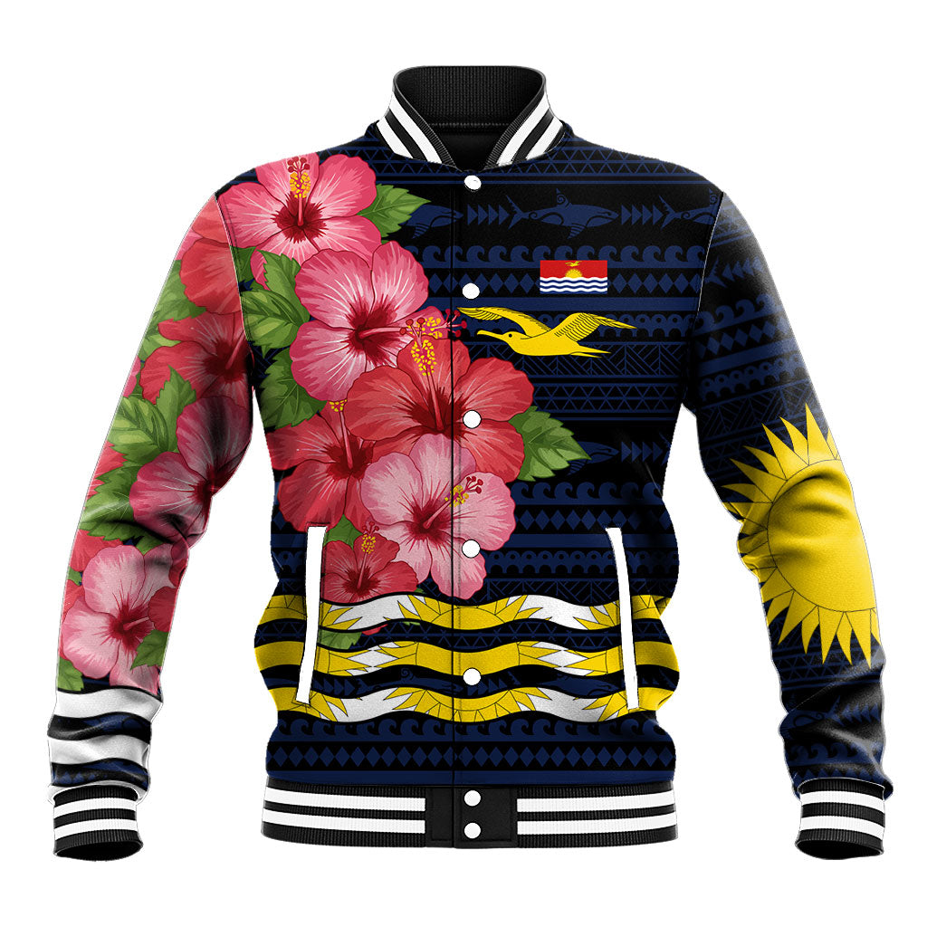 Kiribati Baseball Jacket Tropical Pink Hibiscus Flowers Polynesian Tribal